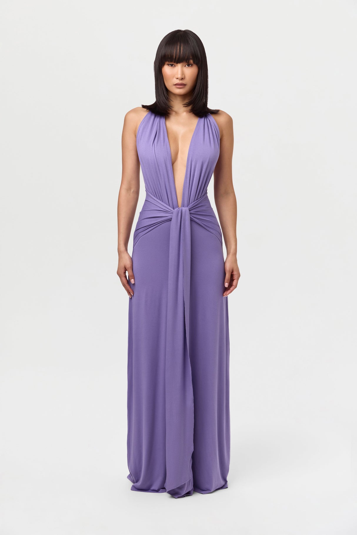 Smooth Halter Plunge Drape Tie Dress